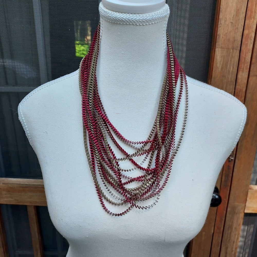 Multi-Strand Pleated Fabric Necklace in Ruby and Gold